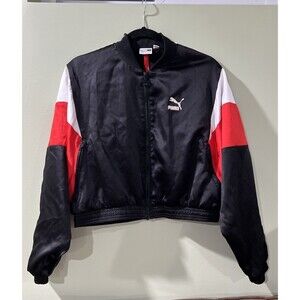 Puma Women's Satin Cropped Track Jacket Bomber Black Red White Size M Medium Zip